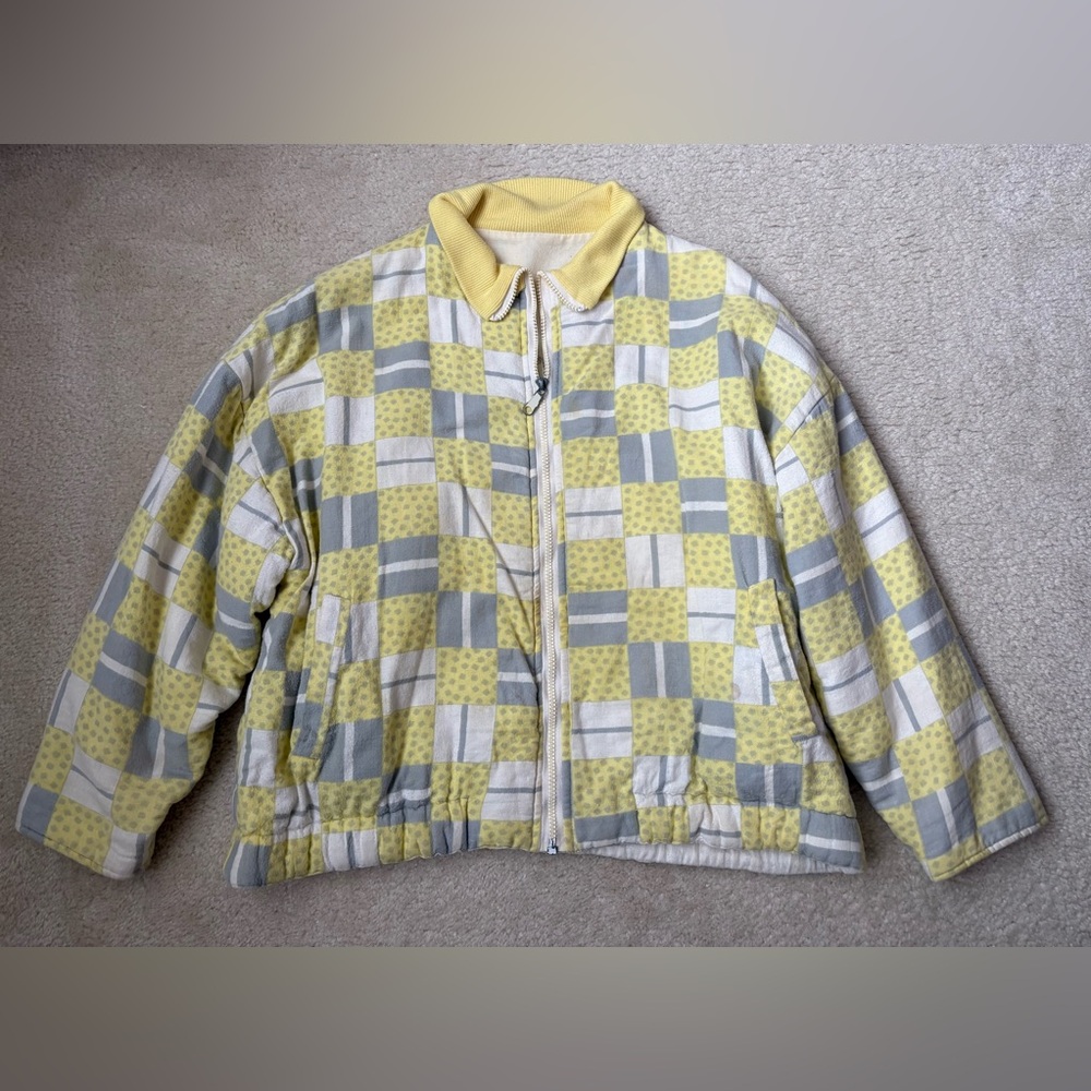 Vintage unbranded soft cozy terry knit bomber jacket with patchwork print, sz S - Picture 1 of 9